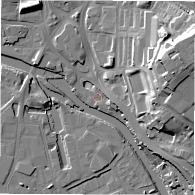 Shaded relief map of the ground around LS98AP, computed from Environment Agency LiDAR. The ground here sits at about 25 m above sea level and falls 35 m across the surrounding 800 m. Surface water reaching this point runs off ground lying to the east, 4.5 m higher.