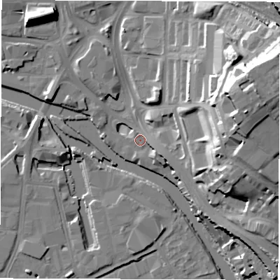 Shaded relief map of the ground around LS98AR, computed from Environment Agency LiDAR. The ground here sits at about 25 m above sea level and falls 35 m across the surrounding 800 m. Surface water reaching this point runs off ground lying to the south-east, 4.6 m higher.