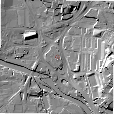 Shaded relief map of the ground around LS98AY, computed from Environment Agency LiDAR. The ground here sits at about 28 m above sea level and falls 33 m across the surrounding 800 m. Surface water reaching this point runs off ground lying to the north, 1.1 m higher.