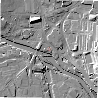 Shaded relief map of the ground around LS98BA, computed from Environment Agency LiDAR. The ground here sits at about 26 m above sea level and falls 26 m across the surrounding 800 m. Surface water reaching this point runs off ground lying to the west-north-west, 2.6 m higher.