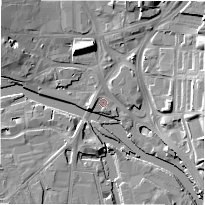 Shaded relief map of the ground around LS98BB, computed from Environment Agency LiDAR. The ground here sits at about 26 m above sea level and falls 18 m across the surrounding 800 m. Surface water reaching this point runs off ground lying to the west-south-west, 3.0 m higher.