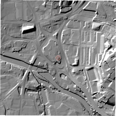 Shaded relief map of the ground around LS98BD, computed from Environment Agency LiDAR. The ground here sits at about 28 m above sea level and falls 34 m across the surrounding 800 m. Surface water reaching this point runs off ground lying to the north, 1.4 m higher.