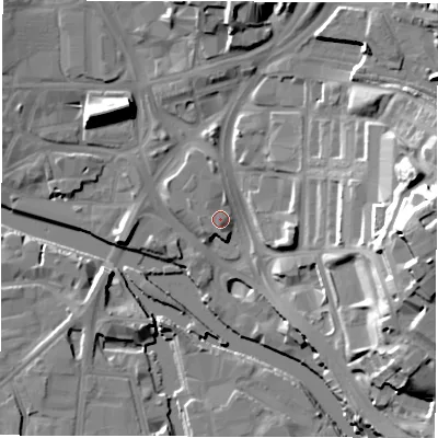 Shaded relief map of the ground around LS98BE, computed from Environment Agency LiDAR. The ground here sits at about 28 m above sea level and falls 34 m across the surrounding 800 m. Surface water reaching this point runs off ground lying to the north, 1.4 m higher.