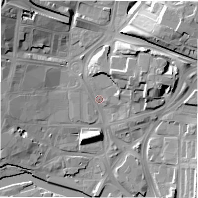Shaded relief map of the ground around LS98BL, computed from Environment Agency LiDAR. The ground here sits at about 29 m above sea level and falls 25 m across the surrounding 800 m. Surface water reaching this point runs off ground lying to the north-east, 9.6 m higher.
