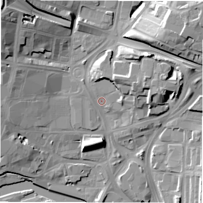 Shaded relief map of the ground around LS98BN, computed from Environment Agency LiDAR. The ground here sits at about 29 m above sea level and falls 26 m across the surrounding 800 m. Surface water reaching this point runs off ground lying to the north-east, 9.3 m higher.
