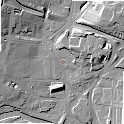 Shaded relief map of the ground around LS98BT, computed from Environment Agency LiDAR. The ground here sits at about 29 m above sea level and falls 26 m across the surrounding 800 m. Surface water reaching this point runs off ground lying to the north-east, 9.3 m higher.
