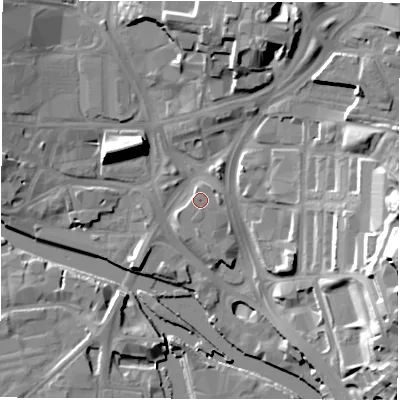 Shaded relief map of the ground around LS98BY, computed from Environment Agency LiDAR. The ground here sits at about 28 m above sea level and falls 33 m across the surrounding 800 m. Surface water reaching this point runs off ground lying to the east, 2.5 m higher.