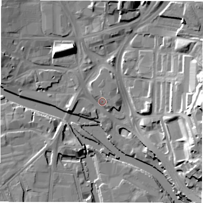 Shaded relief map of the ground around LS98DR, computed from Environment Agency LiDAR. The ground here sits at about 27 m above sea level and falls 33 m across the surrounding 800 m. Surface water reaching this point runs off ground lying to the north-north-east, 6.1 m higher.