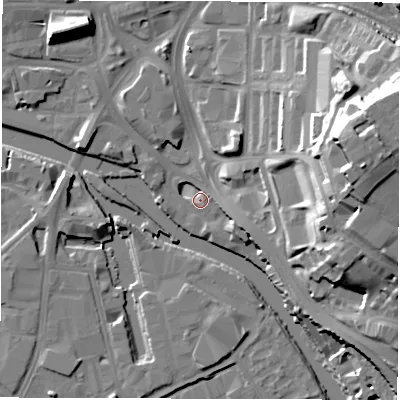 Shaded relief map of the ground around LS98DS, computed from Environment Agency LiDAR. The ground here sits at about 25 m above sea level and falls 35 m across the surrounding 800 m. Surface water reaching this point runs off ground lying to the east-north-east, 2.9 m higher.