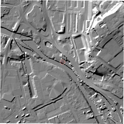 Shaded relief map of the ground around LS98DT, computed from Environment Agency LiDAR. The ground here sits at about 25 m above sea level and falls 35 m across the surrounding 800 m. Surface water reaching this point runs off ground lying to the north-east, 34.7 m higher.