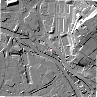 Shaded relief map of the ground around LS98DW, computed from Environment Agency LiDAR. The ground here sits at about 25 m above sea level and falls 35 m across the surrounding 800 m. Surface water reaching this point runs off ground lying to the east, 4.3 m higher.