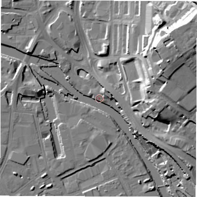 Shaded relief map of the ground around LS98DX, computed from Environment Agency LiDAR. The ground here sits at about 25 m above sea level and falls 35 m across the surrounding 800 m. Surface water reaching this point runs off ground lying to the north-east, 34.7 m higher.