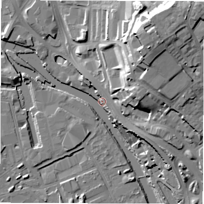Shaded relief map of the ground around LS98EE, computed from Environment Agency LiDAR. The ground here sits at about 28 m above sea level and falls 35 m across the surrounding 800 m. Surface water reaching this point runs off ground lying to the north-east, 34.7 m higher.