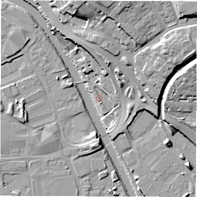 Shaded relief map of the ground around LS98FA, computed from Environment Agency LiDAR. The ground here sits at about 27 m above sea level and falls 29 m across the surrounding 800 m. Surface water reaching this point runs off ground lying to the north-east, 25.9 m higher.