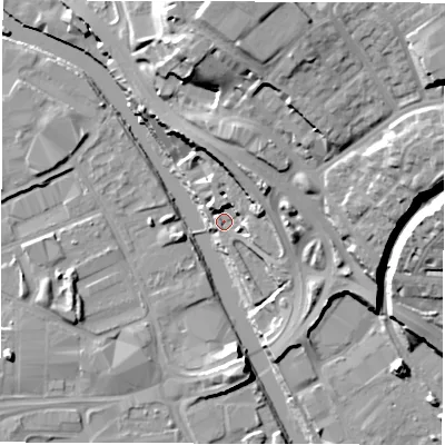 Shaded relief map of the ground around LS98FU, computed from Environment Agency LiDAR. The ground here sits at about 26 m above sea level and falls 29 m across the surrounding 800 m. Surface water reaching this point runs off ground lying to the north, 9.5 m higher.
