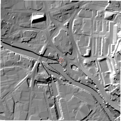 Shaded relief map of the ground around LS98PA, computed from Environment Agency LiDAR. The ground here sits at about 26 m above sea level and falls 33 m across the surrounding 800 m. Surface water reaching this point runs off ground lying to the north-west, 4.3 m higher.