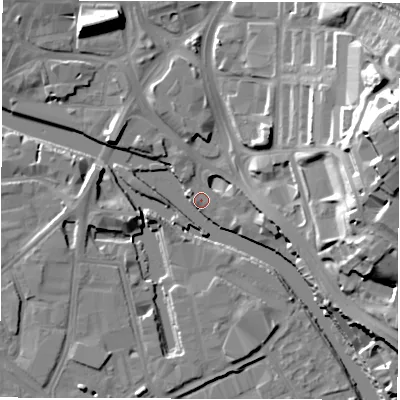 Shaded relief map of the ground around LS98PB, computed from Environment Agency LiDAR. The ground here sits at about 25 m above sea level and falls 34 m across the surrounding 800 m. Surface water reaching this point runs off ground lying to the east-north-east, 33.8 m higher.