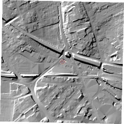 Shaded relief map of the ground around LU11HT, computed from Environment Agency LiDAR. The ground here sits at about 106 m above sea level and falls 21 m across the surrounding 800 m. Surface water reaching this point runs off ground lying to the south, 19.2 m higher.