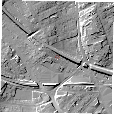 Shaded relief map of the ground around LU11HZ, computed from Environment Agency LiDAR. The ground here sits at about 109 m above sea level and falls 18 m across the surrounding 800 m. Surface water reaching this point runs off ground lying to the north-west, 6.2 m higher.