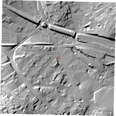 Shaded relief map of the ground around LU11SA, computed from Environment Agency LiDAR. The ground here sits at about 106 m above sea level and falls 39 m across the surrounding 800 m. Surface water reaching this point runs off ground lying to the south-west, 33.5 m higher.