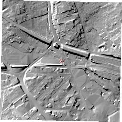 Shaded relief map of the ground around LU11SE, computed from Environment Agency LiDAR. The ground here sits at about 107 m above sea level and falls 25 m across the surrounding 800 m. Surface water reaching this point runs off ground lying to the south-south-west, 22.9 m higher.