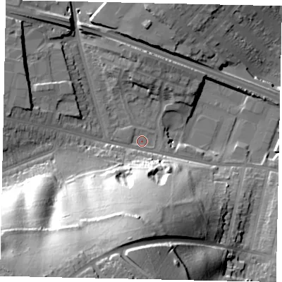 Shaded relief map of the ground around LU11TB, computed from Environment Agency LiDAR. The ground here sits at about 118 m above sea level and falls 60 m across the surrounding 800 m. Surface water reaching this point runs off ground lying to the west, 1.4 m higher.