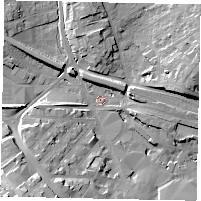 Shaded relief map of the ground around LU12EF, computed from Environment Agency LiDAR. The ground here sits at about 106 m above sea level and falls 26 m across the surrounding 800 m. Surface water reaching this point runs off ground lying to the south-west, 25.1 m higher.