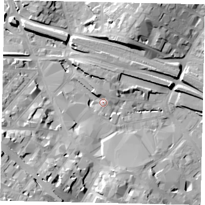 Shaded relief map of the ground around LU12EP, computed from Environment Agency LiDAR. The ground here sits at about 106 m above sea level and falls 26 m across the surrounding 800 m. Surface water reaching this point runs off ground lying to the north, 6.7 m higher.
