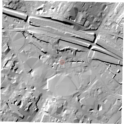 Shaded relief map of the ground around LU12HN, computed from Environment Agency LiDAR. The ground here sits at about 106 m above sea level and falls 23 m across the surrounding 800 m. Surface water reaching this point runs off ground lying to the south-west, 20.5 m higher.