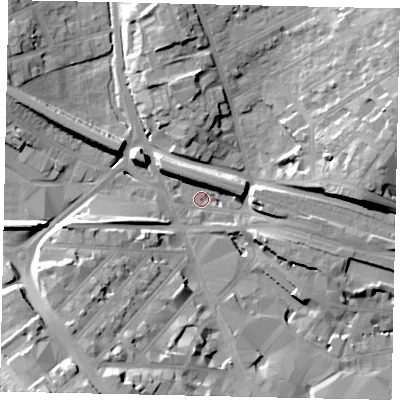Shaded relief map of the ground around LU12NA, computed from Environment Agency LiDAR. The ground here sits at about 106 m above sea level and falls 24 m across the surrounding 800 m. Surface water reaching this point runs off ground lying to the south-west, 24.0 m higher.