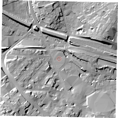 Shaded relief map of the ground around LU12NB, computed from Environment Agency LiDAR. The ground here sits at about 106 m above sea level and falls 34 m across the surrounding 800 m. Surface water reaching this point runs off ground lying to the south-west, 33.7 m higher.