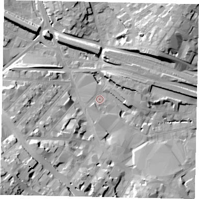 Shaded relief map of the ground around LU12NF, computed from Environment Agency LiDAR. The ground here sits at about 106 m above sea level and falls 34 m across the surrounding 800 m. Surface water reaching this point runs off ground lying to the south, 4.5 m higher.