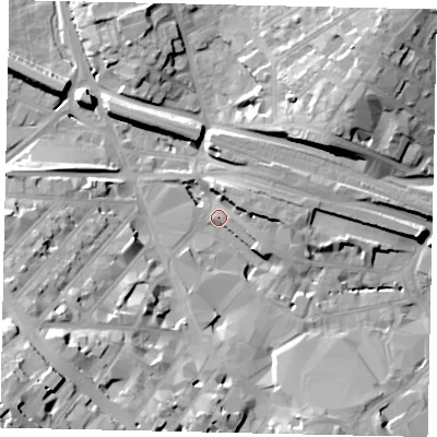 Shaded relief map of the ground around LU12NW, computed from Environment Agency LiDAR. The ground here sits at about 107 m above sea level and falls 30 m across the surrounding 800 m. Surface water reaching this point runs off ground lying to the south-west, 28.2 m higher.