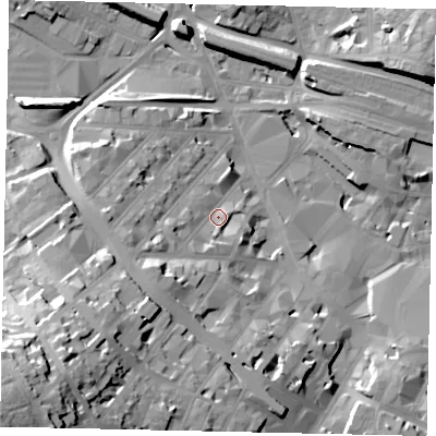 Shaded relief map of the ground around LU12PL, computed from Environment Agency LiDAR. The ground here sits at about 112 m above sea level and falls 49 m across the surrounding 800 m. Surface water reaching this point runs off ground lying to the south-west, 39.0 m higher.