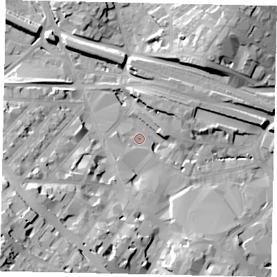 Shaded relief map of the ground around LU12TR, computed from Environment Agency LiDAR. The ground here sits at about 106 m above sea level and falls 30 m across the surrounding 800 m. Surface water reaching this point runs off ground lying to the south-west, 4.5 m higher.