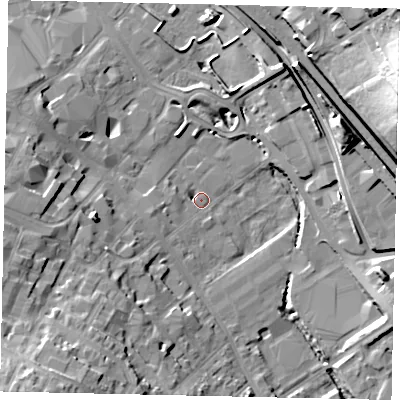 Shaded relief map of the ground around LU13HN, computed from Environment Agency LiDAR. The ground here sits at about 104 m above sea level and falls 27 m across the surrounding 800 m. Surface water reaching this point runs off ground lying to the south-west, 20.9 m higher.