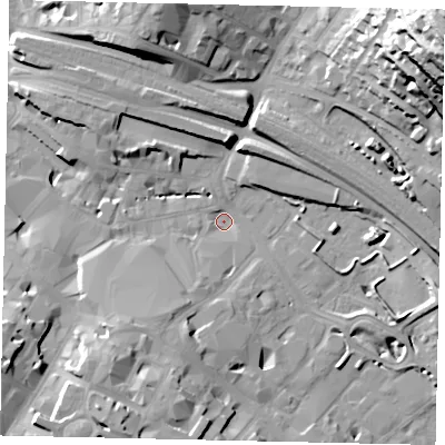 Shaded relief map of the ground around LU13JG, computed from Environment Agency LiDAR. The ground here sits at about 104 m above sea level and falls 55 m across the surrounding 800 m. Surface water reaching this point runs off ground lying to the south-west, 16.4 m higher.