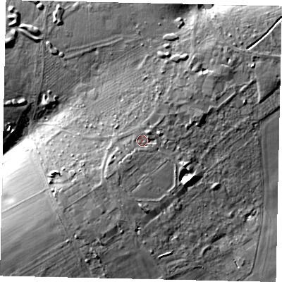 Shaded relief map of the ground around LU13TQ, computed from Environment Agency LiDAR. The ground here sits at about 160 m above sea level and falls 12 m across the surrounding 800 m. Surface water reaching this point runs off ground lying to the north-east, 1.5 m higher.