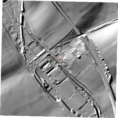 Shaded relief map of the ground around LU13TS, computed from Environment Agency LiDAR. The ground here sits at about 97 m above sea level and falls 41 m across the surrounding 800 m. Surface water reaching this point runs off ground lying to the north-east, 35.2 m higher.