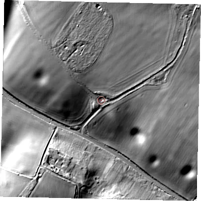 Shaded relief map of the ground around LU14LF, computed from Environment Agency LiDAR. The ground here sits at about 134 m above sea level and falls 29 m across the surrounding 800 m. Surface water reaching this point runs off ground lying to the north, 12.4 m higher.