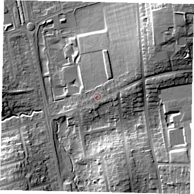 Shaded relief map of the ground around LU27BU, computed from Environment Agency LiDAR. The ground here sits at about 115 m above sea level and falls 21 m across the surrounding 800 m. Surface water reaching this point runs off ground lying to the east-north-east, 6.8 m higher.