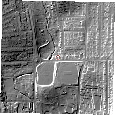 Shaded relief map of the ground around LU27DD, computed from Environment Agency LiDAR. The ground here sits at about 111 m above sea level and falls 26 m across the surrounding 800 m. Surface water reaching this point runs off ground lying to the east-south-east, 17.8 m higher.