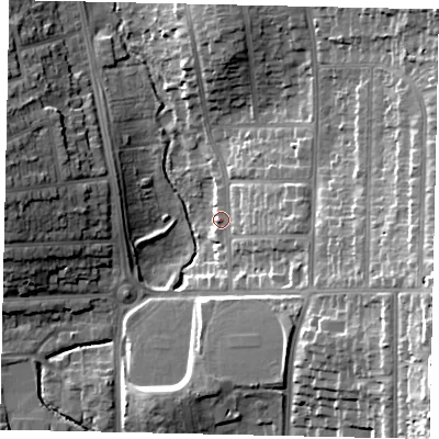 Shaded relief map of the ground around LU27DH, computed from Environment Agency LiDAR. The ground here sits at about 112 m above sea level and falls 26 m across the surrounding 800 m. Surface water reaching this point runs off ground lying to the east-south-east, 10.1 m higher.