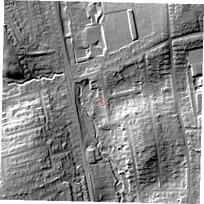 Shaded relief map of the ground around LU27DS, computed from Environment Agency LiDAR. The ground here sits at about 110 m above sea level and falls 17 m across the surrounding 800 m. Surface water reaching this point runs off ground lying to the north-east, 15.8 m higher.