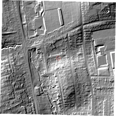 Shaded relief map of the ground around LU27DT, computed from Environment Agency LiDAR. The ground here sits at about 111 m above sea level and falls 18 m across the surrounding 800 m. Surface water reaching this point runs off ground lying to the north-east, 14.9 m higher.