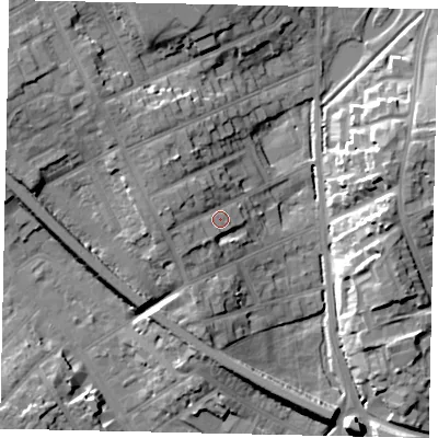 Shaded relief map of the ground around LU31BB, computed from Environment Agency LiDAR. The ground here sits at about 113 m above sea level and falls 18 m across the surrounding 800 m. Surface water reaching this point runs off ground lying to the west, 5.1 m higher.