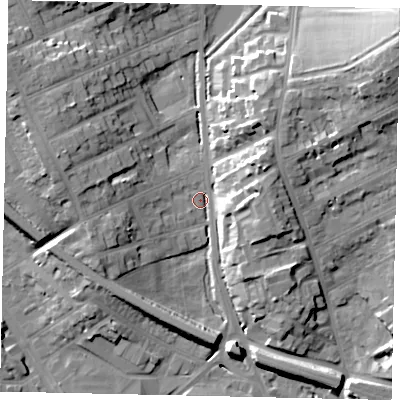 Shaded relief map of the ground around LU31DH, computed from Environment Agency LiDAR. The ground here sits at about 107 m above sea level and falls 24 m across the surrounding 800 m. Surface water reaching this point runs off ground lying to the east-north-east, 15.1 m higher.