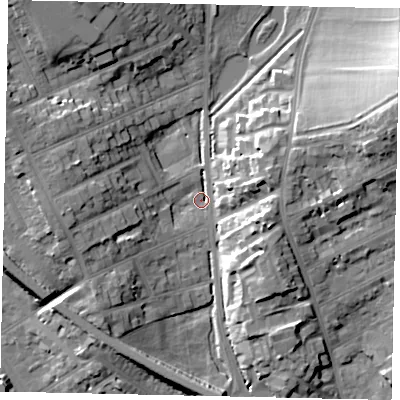 Shaded relief map of the ground around LU31DJ, computed from Environment Agency LiDAR. The ground here sits at about 107 m above sea level and falls 23 m across the surrounding 800 m. Surface water reaching this point runs off ground lying to the east-north-east, 14.2 m higher.