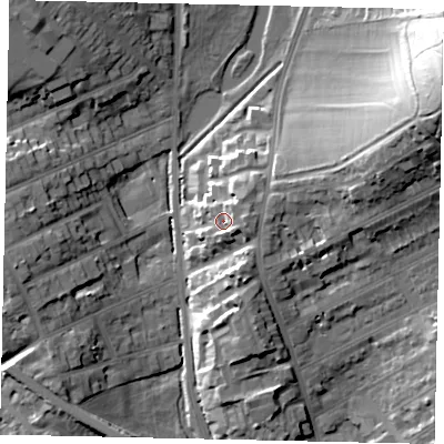 Shaded relief map of the ground around LU31DL, computed from Environment Agency LiDAR. The ground here sits at about 116 m above sea level and falls 38 m across the surrounding 800 m. Surface water reaching this point runs off ground lying to the east-north-east, 6.4 m higher.