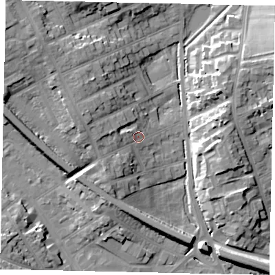 Shaded relief map of the ground around LU31DN, computed from Environment Agency LiDAR. The ground here sits at about 110 m above sea level and falls 18 m across the surrounding 800 m. Surface water reaching this point runs off ground lying to the west, 6.2 m higher.